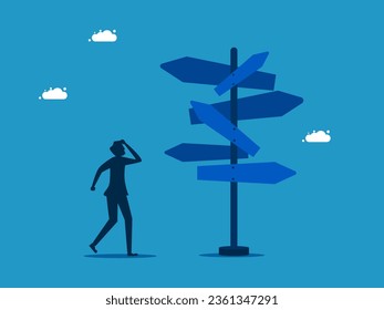 Choose a course of action for success. Businessman looking at road signs in many directions