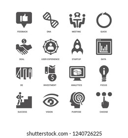 Choose, Data, Startup, Success, Focus, Feedback, Deal, De, Purpose, Vision, Meeting icon 16 set EPS 10 vector format. Icons optimized for both large and small resolutions.