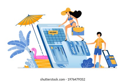 Choose date of plane ticket for vacation to tropical island beach. Purchase vacation tickets to bali with mobile apps. Illustration can be used for landing page, banner, website, web, poster, brochure