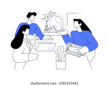 Choose destination isolated cartoon vector illustrations. Young couple talks with travel agent, providing information about destination, hospitality business, professional people vector cartoon.