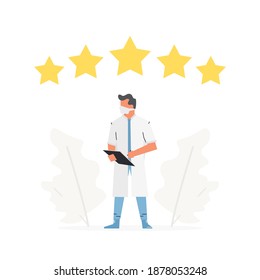 Choose Doctor For Consultation, Five Star Rating. Medical Staff Reviews Vector Illustration. The Doctor Stands In Front Of Stars.