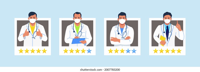 Choose doctor for consultation, five star rating. Feedback about medical staff. Best physicians profiles for patients analyzing. Telemedicine website for comparing reviews about therapists