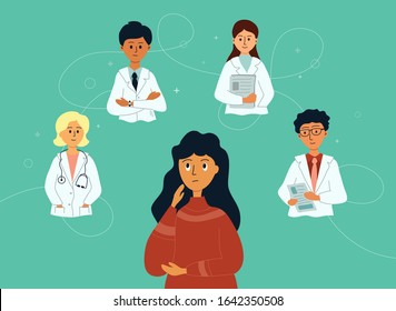 Choose doctor. Girl searching for a medical professional specialist. Patient make choice  in clinic. Vector illustration of woman makes decision. Design for healthcare app, online consultation service