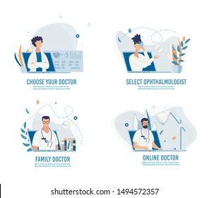 Choose Doctor, Make Appointment and Book Visit Online Set. Searching Medical Specialist Service for Diseases Treatment, Maintaining Health. Cartoon Design Banner. Vector Flat Illustration