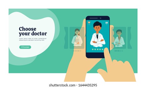 Choose doctor. Mobile app helps patient find doctor. Online service search for medical professionals. Vector illustration of health care application. Choosing specialist by smartphone. Concept for web