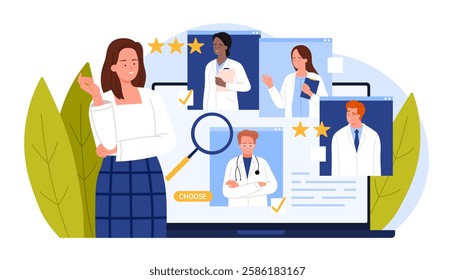 Choose doctor online, mobile app for patient to search healthcare specialist for medical consultation. Girl with magnifying glass choosing physician avatar in hospital team cartoon vector illustration