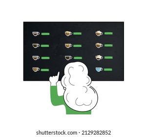choose a drink. girl looks at the menu and chooses a drink. coffee or tea. vector illustration. action. sketch. choice. cafe. restaurant. 
to buy