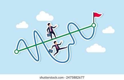 Elige un atajo fácil para el éxito empresarial o enfrenta un camino difícil con obstáculos, el concepto de los hombres de negocios compiten: un tipo inteligente corre un camino fácil, otros en una ruta difícil y desordenada