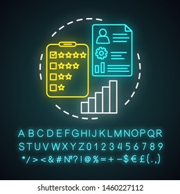 Choose experience level neon light icon. Feedback, employee evaluation, cv, satisfaction level and critic. Levels of success. Glowing sign with alphabet, numbers, symbols. Vector isolated illustration