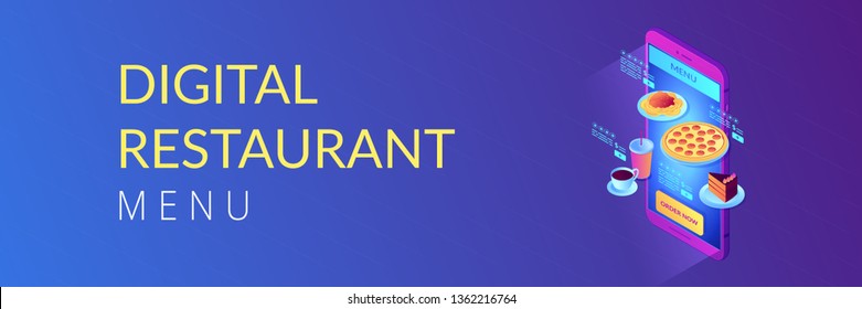 Choose fast food and drink on menu online with smartphone app and order now. Online order, internet food ordering, digital restaurant menu concept. Isometric 3D banner header template copy space.