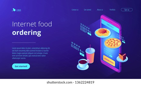 Choose fast food and drink on menu online with smartphone app and order now. Online order, internet food ordering, digital restaurant menu concept. Isometric 3D website app landing web page template