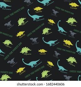 Choose favorite Dino t-shirt design. Seamless pattern black background with colored dinosaurs: tyrannosaur, triceratops, brachiosaurus and stegosaurus. Cartoon monster vector illustration.