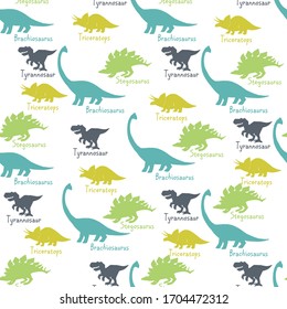 Choose favorite Dino t-shirt design. Seamless pattern background with colored dinosaurs: tyrannosaur, triceratops, brachiosaurus and stegosaurus. Cartoon monster vector illustration.