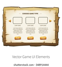 Choose game type screen. Vector graphical user interface (UI GUI) for 2d video games. Wooden menu, panels and buttons for menu.
