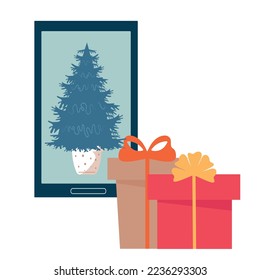 Choose a gift for the holiday in the online store using a smartphone. Vector.