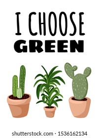 I choose green banner. Potted succulent plants postcard.. Cozy lagom scandinavian style illustration