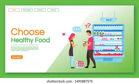 Choose healthy food landing page vector template. Family shopping, consumerism website, webpage. Consumers buying products, couple doing purchases in grocery store cartoon character