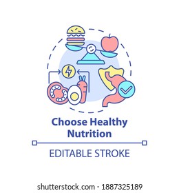 Choose healthy nutrition concept icon. Self care checklist. Tasty organic foods variety. Eating plan idea thin line illustration. Vector isolated outline RGB color drawing. Editable stroke