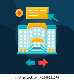 Choose hotel flat concept vector icon. Booking lodging website idea cartoon color illustrations set. Select apartment, dormitory, hostel. Trip planning stage. Isolated graphic design element