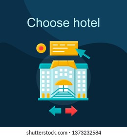 Choose hotel flat concept vector icon. Booking lodging website idea cartoon color illustrations set. Select apartment, dormitory, hostel. Trip planning stage. Isolated graphic design element