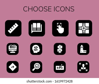 choose icon set. 12 filled choose icons.  Simple modern icons such as: Finger, Recruitment, Direction, Language, Confused, Check mark, Touch, Check, Crossroad, Split point, Decision making