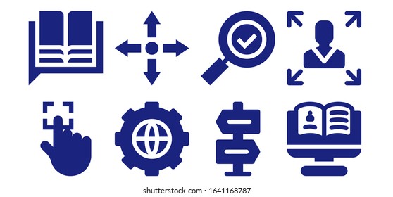 choose icon set. 8 filled choose icons. Included Touch, Language, Options, Directions, Direction, Check mark, Recruitment, Decision making icons