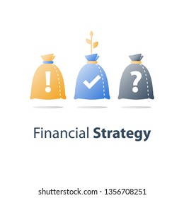 Choose investment portfolio, financial plan, capital allocation option, invest fund, question mark and money bag, vector icon