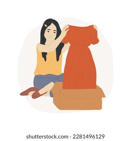 Choose items isolated cartoon vector illustration. Disappointed teenage girl unpacking parcel and choosing clothes, teens lifestyle, online shopping, return of delivered items vector cartoon.