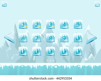 Choose level screen vector template for winter icy game with element and icons.