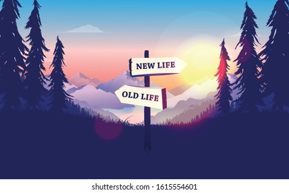 Choose a life direction, new life or old life. Crossroad signpost pointing at new opportunities, sunrise, beautiful nature. Decision making concept. Vector illustration.