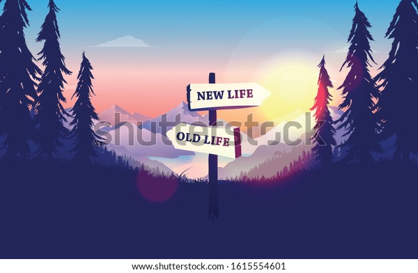 Choose a life direction,\
new life or old life. Crossroad signpost pointing at new\
opportunities, sunrise, beautiful nature. Decision making concept.\
Vector illustration.