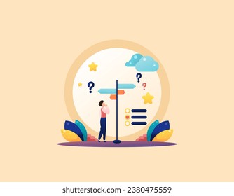 Choose a life path. decision making for the future. think and make choices. A businessman is confused in deciding on a policy. career path. Direction signs and roads. illustration design concept