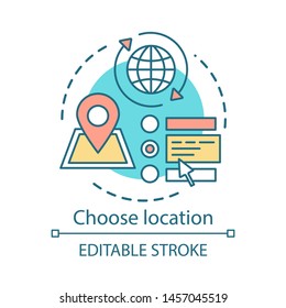 Choose location concept icon. Planning travel destination idea thin line illustration. Route choosing. Pointer mark on navigation map. Searching location. Address indicator. Editable stroke