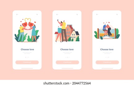 Choose Love Mobile App Page Onboard Screen Template. Loving Characters with Heart Lock, Sit on Huge Hourglass, Romantic Dating. Happy Couples Relationship Concept. Cartoon People Vector Illustration