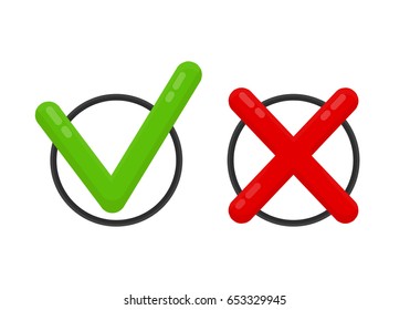 Choose mark, check mark icon, red and green. Yes, okay, no concept, Vector flat cartoon illustration modern style icon design. Isolated on white background 