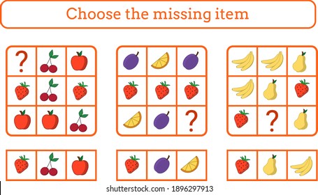 Choose the missing item. Edusational game for children. Food and fruits. Vector illustation.
