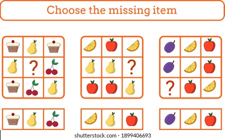 Choose the missing item. Edusational game for children. Food and fruits. Vector illustation.