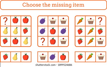 Choose the missing item. Edusational game for children. Food and fruits. Vector illustation.