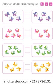 Choose more, less or equal. Arithmetic task with butterflies for kids.
