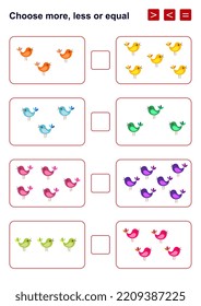Elija más, menos o igual. Juego educativo con pájaros coloridos para los niños.