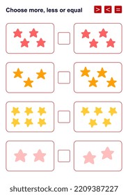 Choose more, less or equal. Educational game with stars for kids.