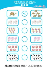 Choose more, less or equal game. Math education worksheet with animal theme.  Educational printable math worksheet. Vector illustration.