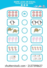 Choose more, less or equal game. Math education worksheet with animal theme.  Educational printable math worksheet. Vector illustration.