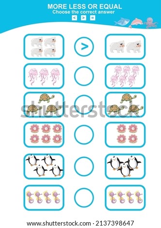 Choose more, less or equal game. Math education worksheet with animal theme.  Educational printable math worksheet. Vector illustration.