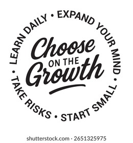 Choose on the growth, learn daily, expand your mind, start small, take risks, inspirational design quote, motivational quotes, typography illustration lettering quotes