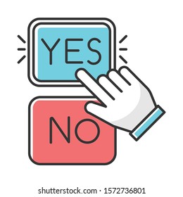 Choose option color icon. Yes and no buttons. Hand clicking option. Agree and disagree. Approve and disapprove. Picking answer. Confirm. Info collection. Feedback form. Isolated vector illustration