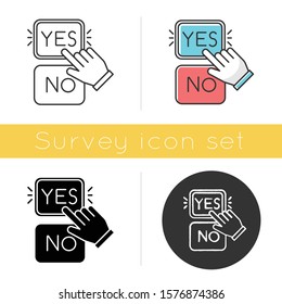 Choose option icon. Yes and no buttons. Hand clicking option. Agree and disagree. Picking answer. Confirm. Feedback form. Flat design, linear and color styles. Isolated vector illustrations