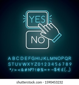 Choose option neon light icon. Yes and no buttons. Hand clicking option. Approve and disapprove. Picking answer. Confirm. Glowing sign with alphabet, numbers and symbols. Vector isolated illustration