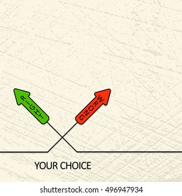Choose path of direct way and curve way. Decision concept. Crossroad vector road sign saying right and wrong