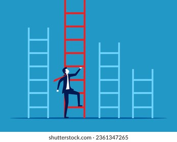 Choose a path to grow. Businessman chooses to climb the highest ladder 
